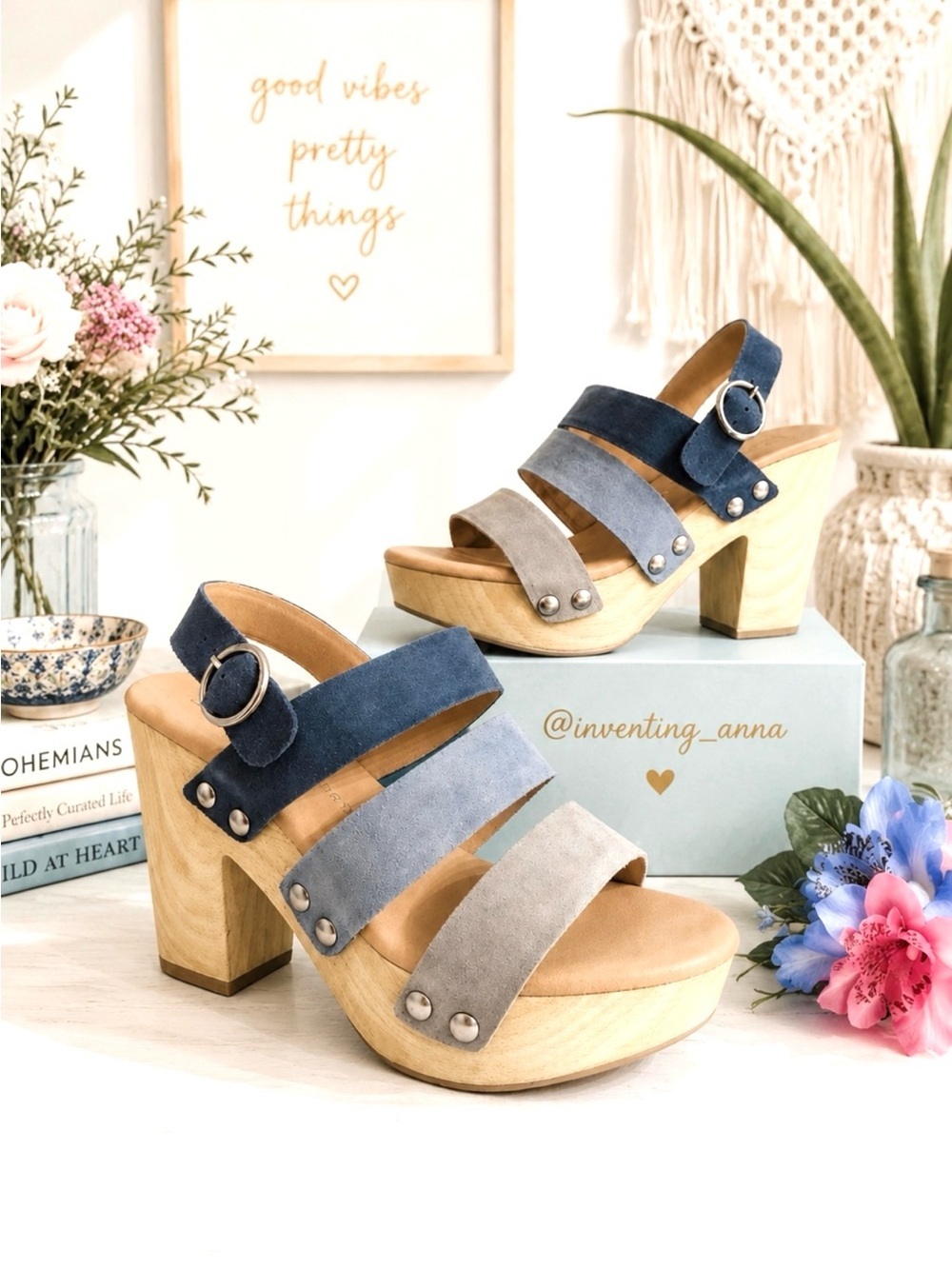 Multi-Color Blue Suede Slip-On Platform Sandals w/Silver Rivet Accents